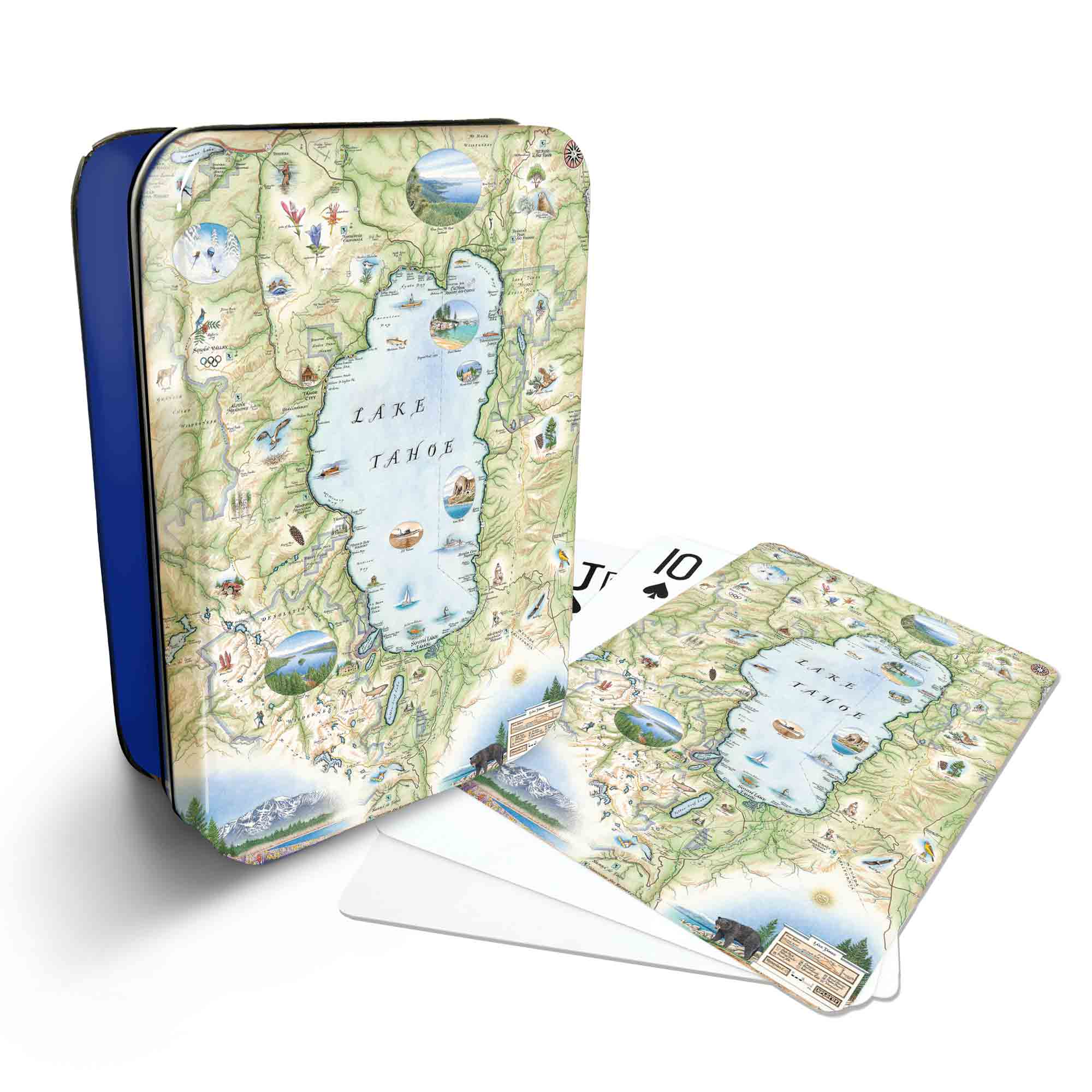 Lake Tahoe Map Playing cards ythat features iconic attractions, flora and fauna of that area - Blue Metal Tin.