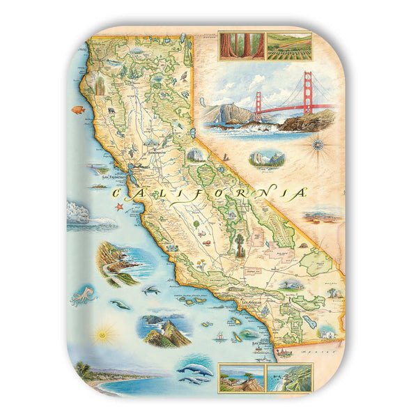 Large Rectangle Serving Tray Map of California with scenic illustrations on a white background