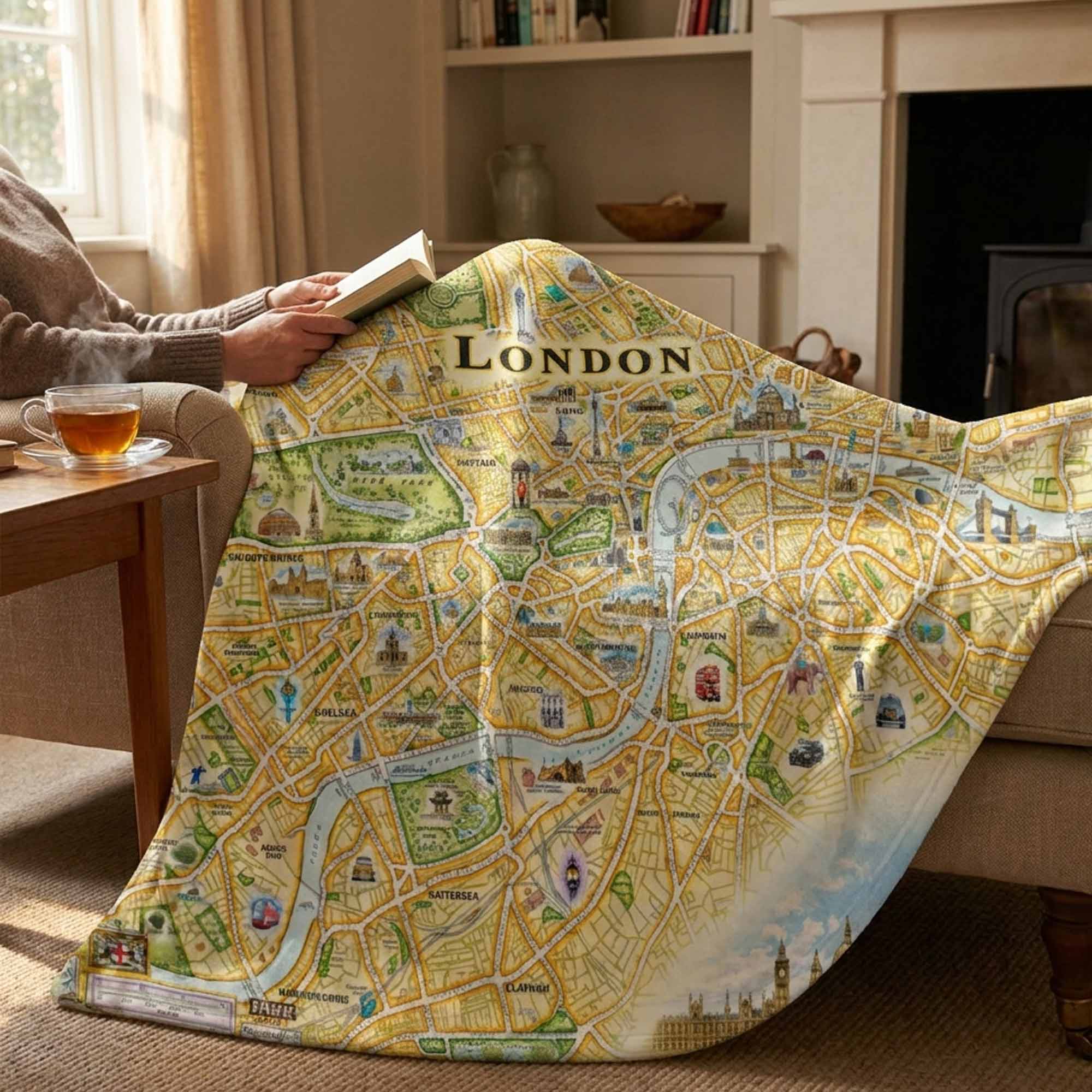 Person holding a book with a London map blanket draped over a couch.