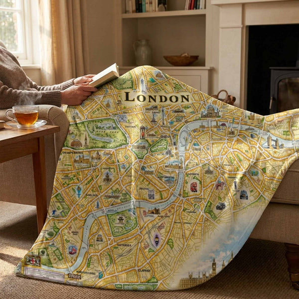Person holding a book with a London map blanket draped over a couch.