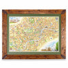 London, England Hand-Drawn Map in earth tones blues, and greens. The map print is framed in Montana hand-scraped pine with a green mat.