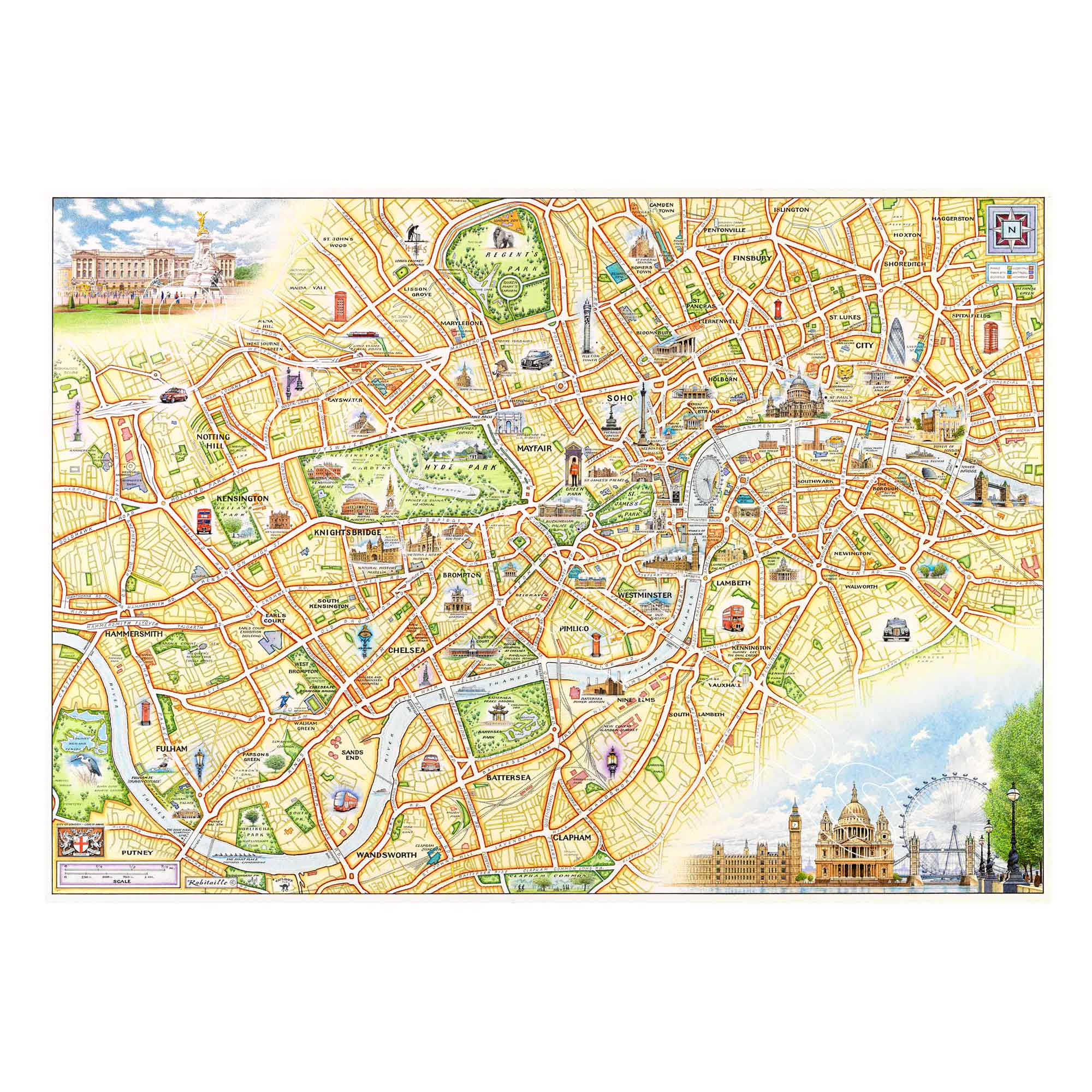 London, England hand-drawn map in earth tones of gold, brown, and orange. The map features the intricate city layout of London, England. Featured illustrations include a double-decker red bus, Kensington, Buckingham Palace, and Regent's Park. Measures 24x18.