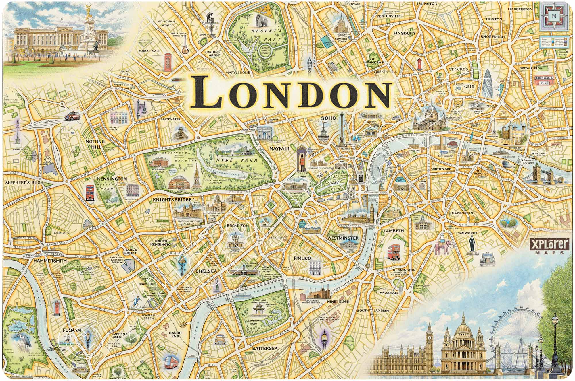 London Map Wood Sign by Xplorer Maps. The map features Big Ben, Buckingham Palace, Tower Bridge, and The London Eye, or the Millennium Wheel, Farris Wheel.