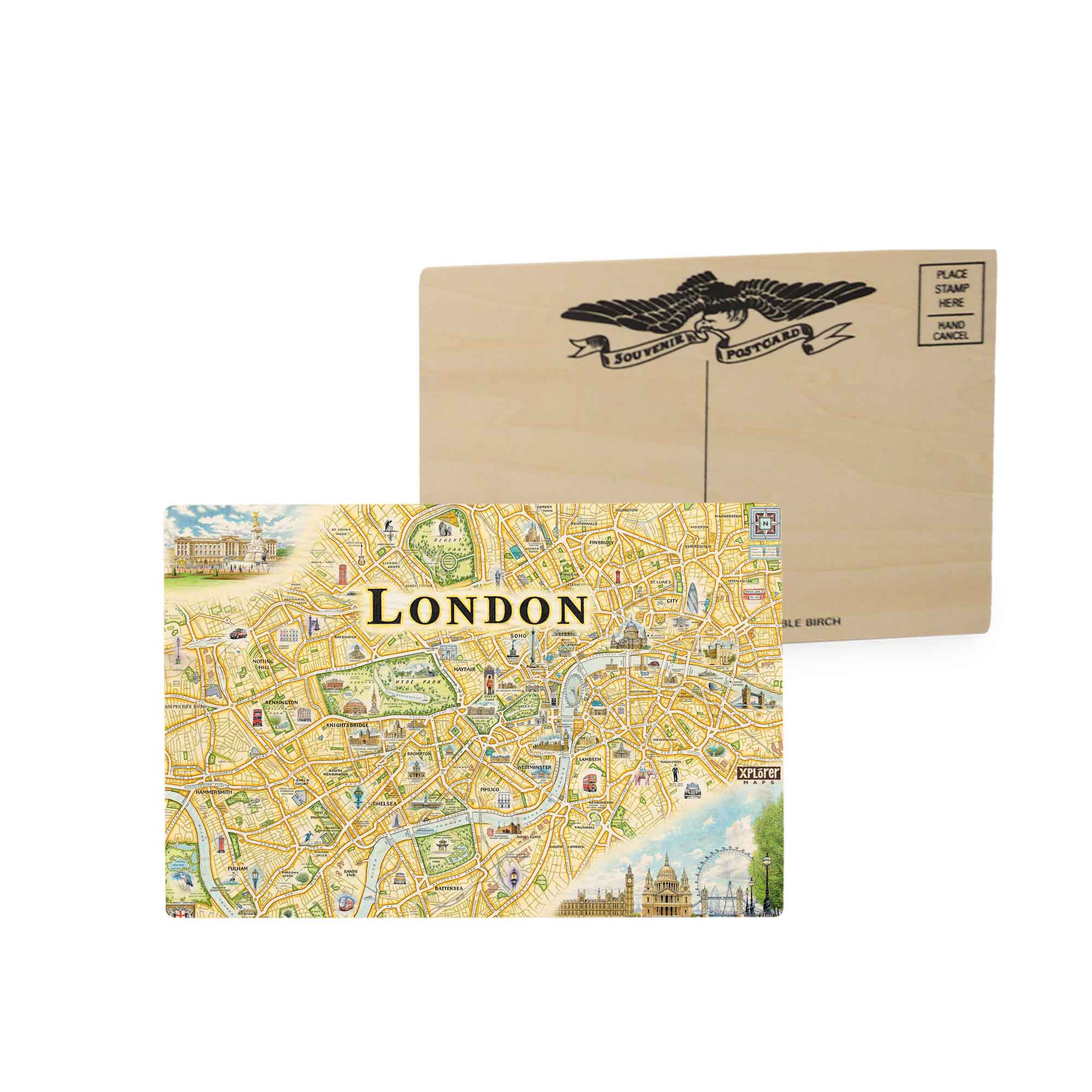 Xplorer Maps London wooden postcards. The map features Big Ben, Buckingham Palace, Tower Bridge, and The London Eye, or the Millennium Wheel, Farris Wheel.