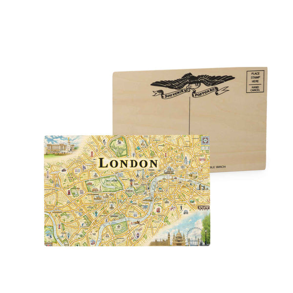 Xplorer Maps London wooden postcards. The map features Big Ben, Buckingham Palace, Tower Bridge, and The London Eye, or the Millennium Wheel, Farris Wheel.