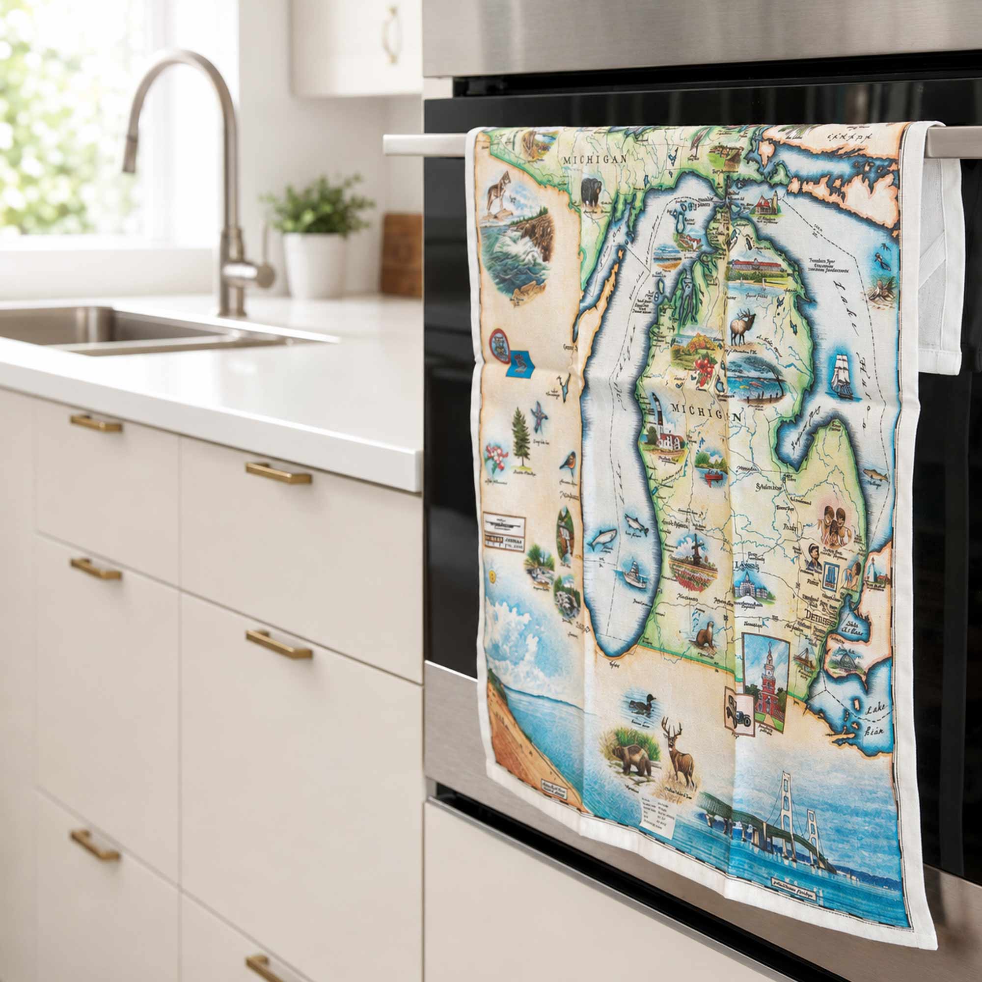 Michigan State Map Kitchen Dishwashing Towel hanging on the kitchen stove handle. The Map features the Great Lakes, Detroit, Ann Arbor, Grand Rapids, and Lansing in earth tones of blue and greens. The tea towel also features  Nature, animals, ducks, deer, fish, moose lighthouses, wolverines, and the Mackinac Bridge.