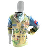 Missoula Map Adventure Hoodie with vibrant, all-over hand-drawn map print, showcasing local landmarks, wildlife, and natural beauty, back view.