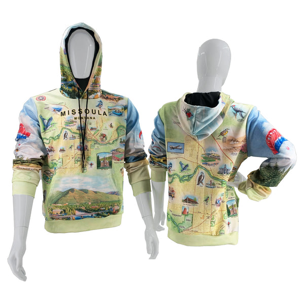 Missoula Map Adventure Hoodie with vibrant, all-over hand-drawn map print, showcasing local landmarks, wildlife, and natural beauty, front & back view.