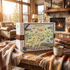A 1000-piece jigsaw puzzle box labeled 'MISSOULA MINNESOTA' sits on a wooden table in a cozy living room setting with a fireplace, warm blankets, books, and a mug.