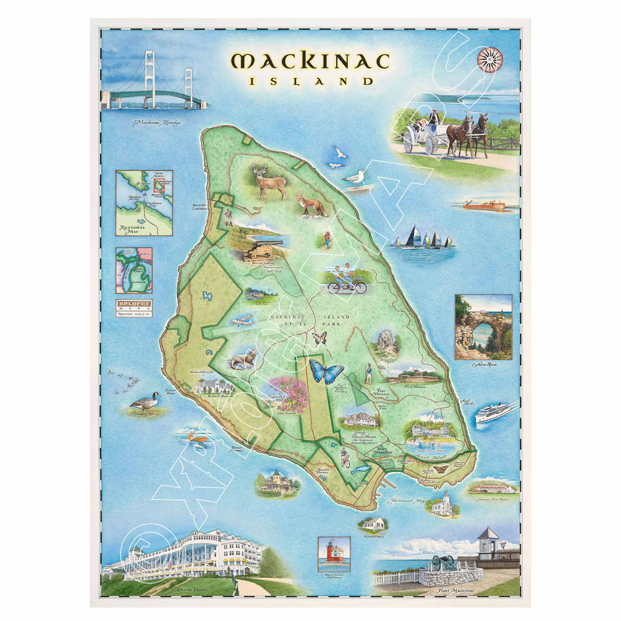 A vintage-style illustrated map poster of Mackinac Island, featuring a green island surrounded by blue water, with small scenic illustrations and labels around the perimeter.