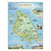 A vintage-style illustrated map poster of Mackinac Island, featuring a green island surrounded by blue water, with small scenic illustrations and labels around the perimeter.