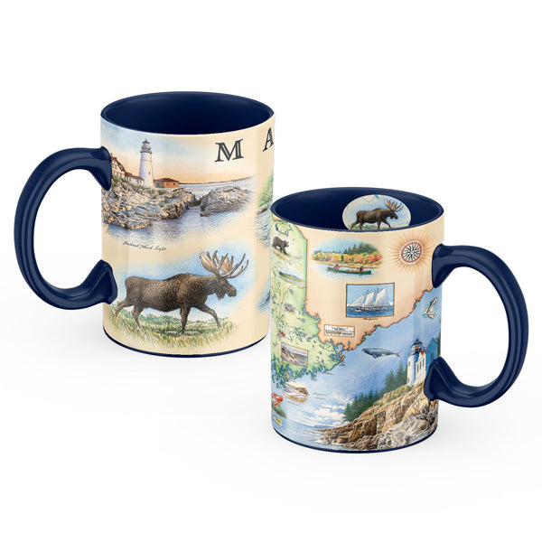 Blue, 16oz Maine state map ceramic mug. The map on the mug features illustrations of people whitewater rafting, fishing, and canoeing. Other illustrations include Cadillac Mountain, Acadia National Park, and Rangeley Lake. Flora and fauna include beaver, lobster, and moose.