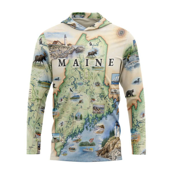 Hoodie with a map design of Maine on a white background