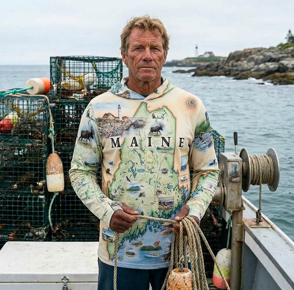 Man wearing a hoodie with a 'Maine' map design on a boat with lobster traps and ocean background