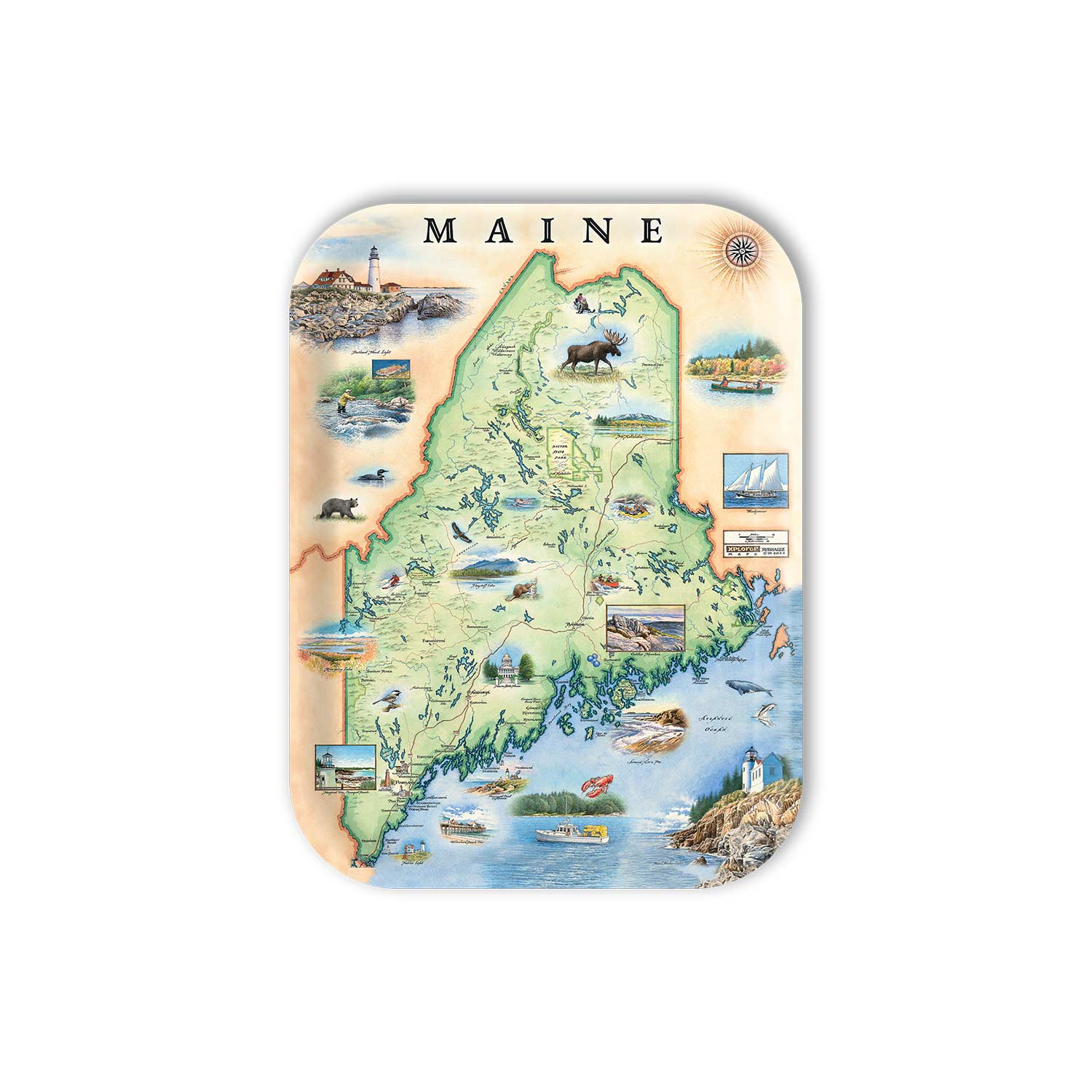 Medium Serving Tray Map of Maine with various icons on a white background