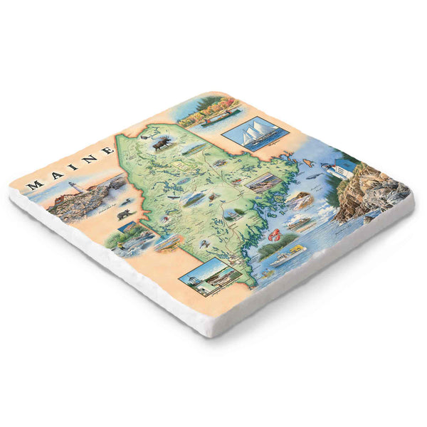 Hand-drawn Maine map on a 6x6 natural stone trivet by Xplorer Maps.