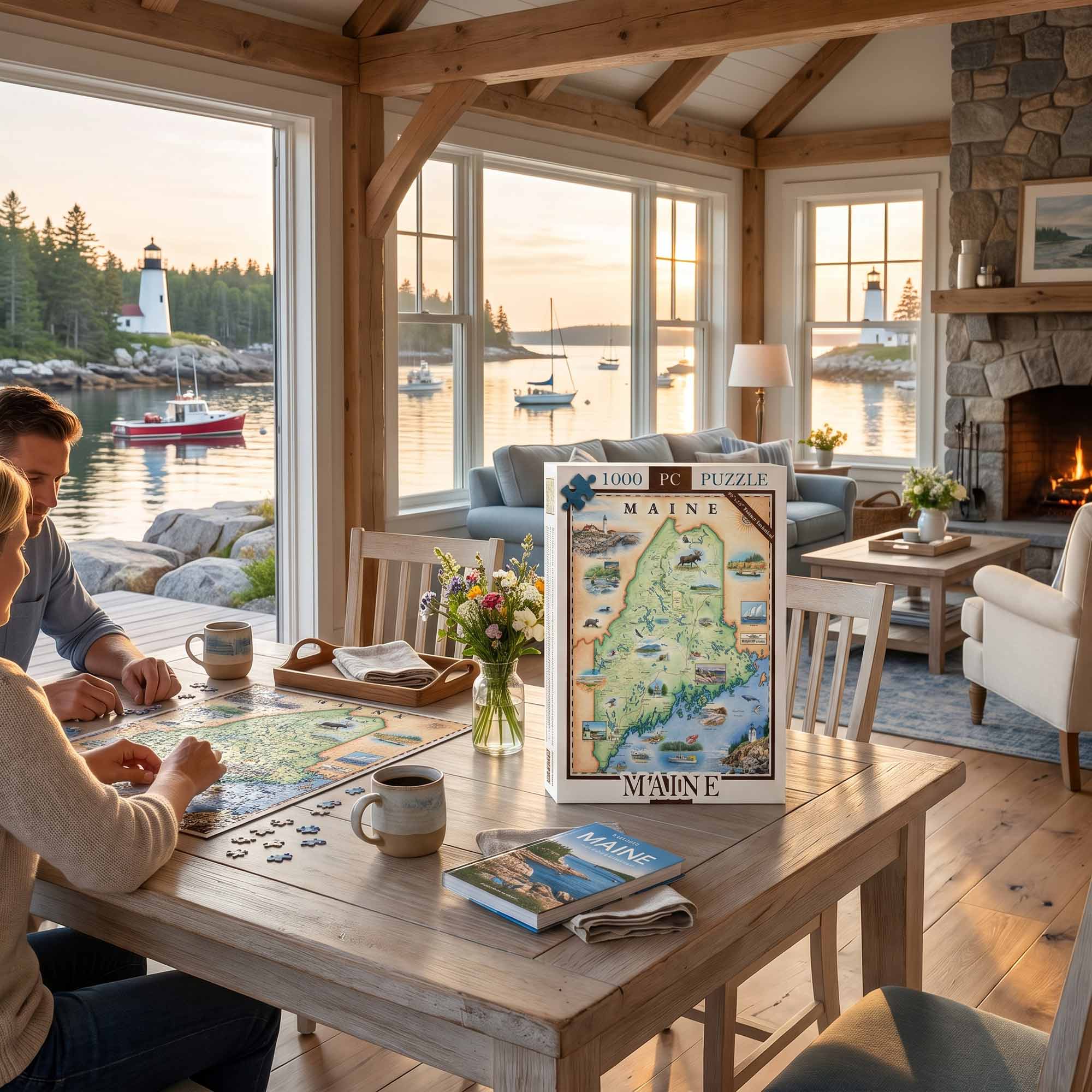 A large wooden table in a cozy, sunlit cabin with a stone fireplace and large windows overlooking a lake with a lighthouse. Several people are seated at the table, working on a jigsaw puzzle.