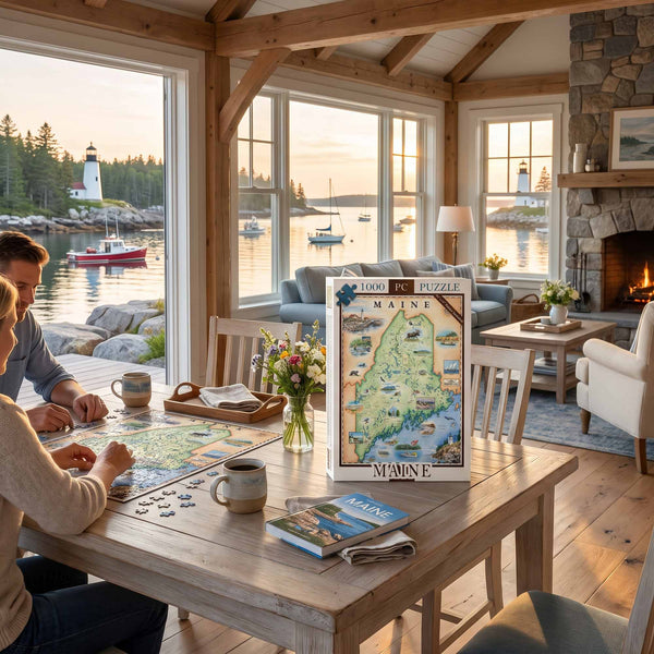 A large wooden table in a cozy, sunlit cabin with a stone fireplace and large windows overlooking a lake with a lighthouse. Several people are seated at the table, working on a jigsaw puzzle.