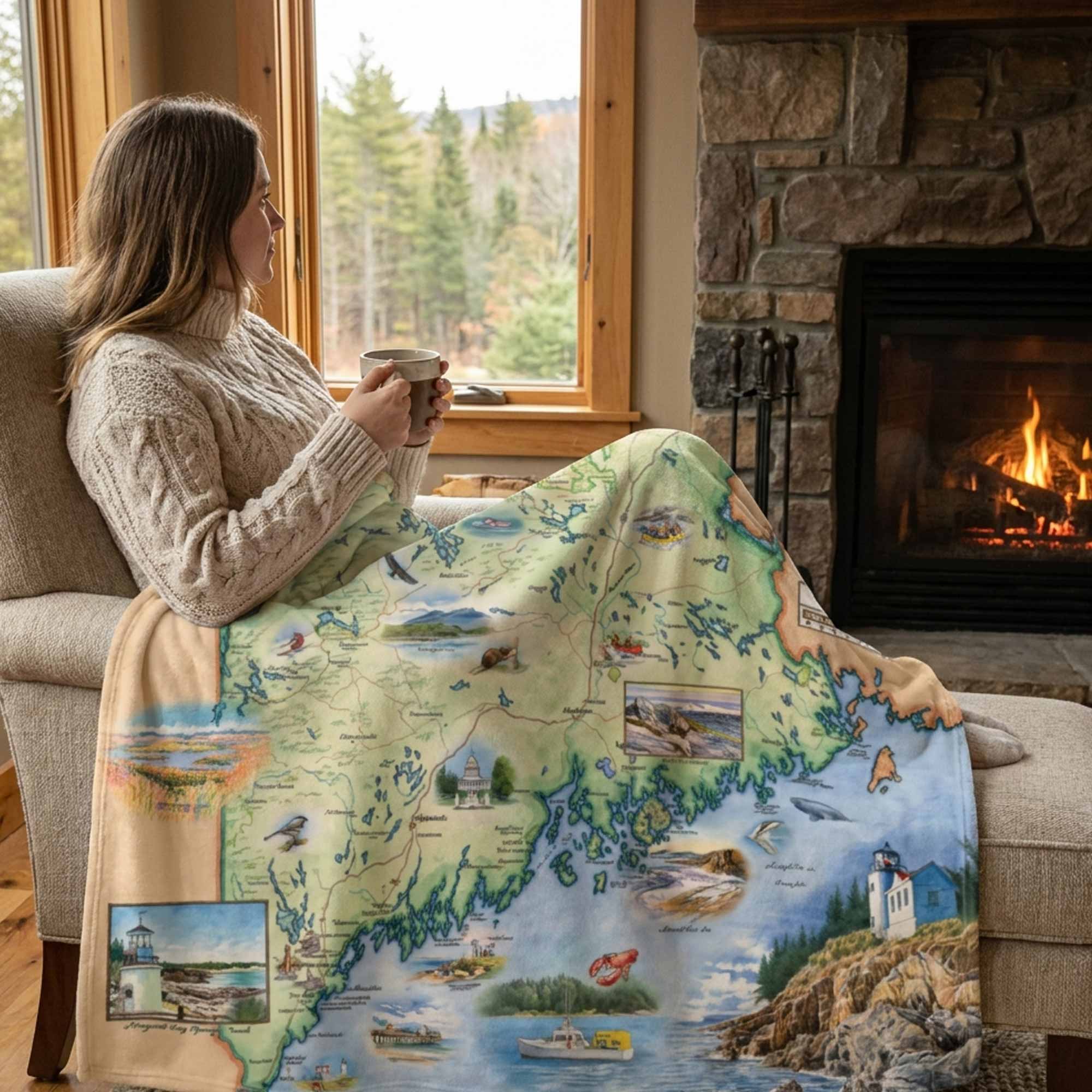 Woman sitting by a fireplace with a scenic blanket draped over her, holding a mug.