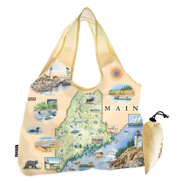 Hand-drawn illustrated pouch tote featuring the coast, lighthouses, and natural beauty of Maine, designed by artist Chris Robitaille.