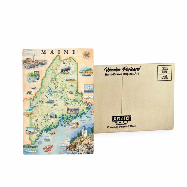 Maine state map wooden postcard featuring hand-drawn illustrations of coastal landmarks, forests, and wildlife, printed on sustainable Birch wood.