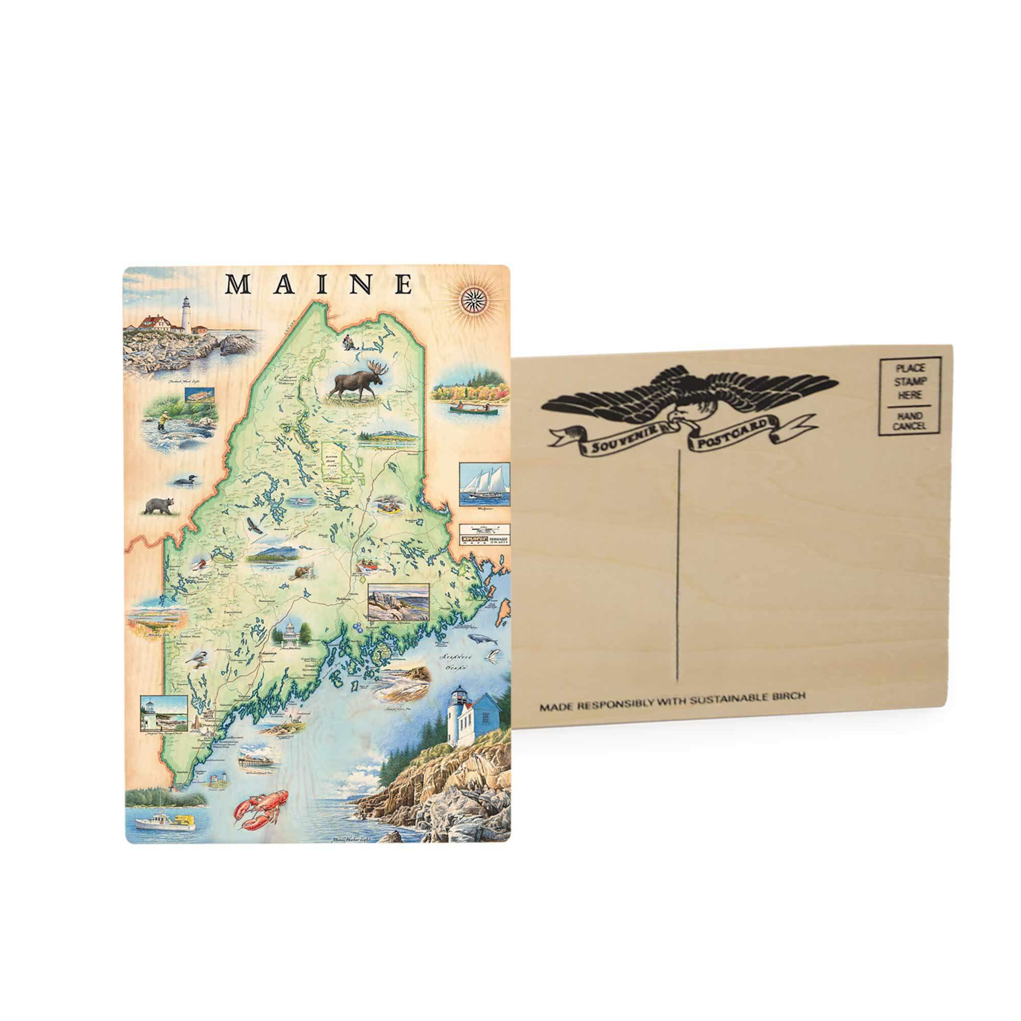 Embrace Maine's rugged charm with this wooden mailable postcard, showcasing a detailed state map crafted from durable birch wood. Highlighting iconic landmarks, coastal treasures, and natural wonders, it serves as a perfect keepsake for reminiscing about adventures or sending a piece of Maine to loved ones. Additionally, our magnets, featuring iconic landmarks, coastal scenery, and vibrant wildlife, truly capture the essence of the Pine Tree State.