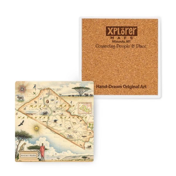 Masai Mara ceramic coaster featuring a hand-drawn map design with wildlife illustrations and a cork backing.