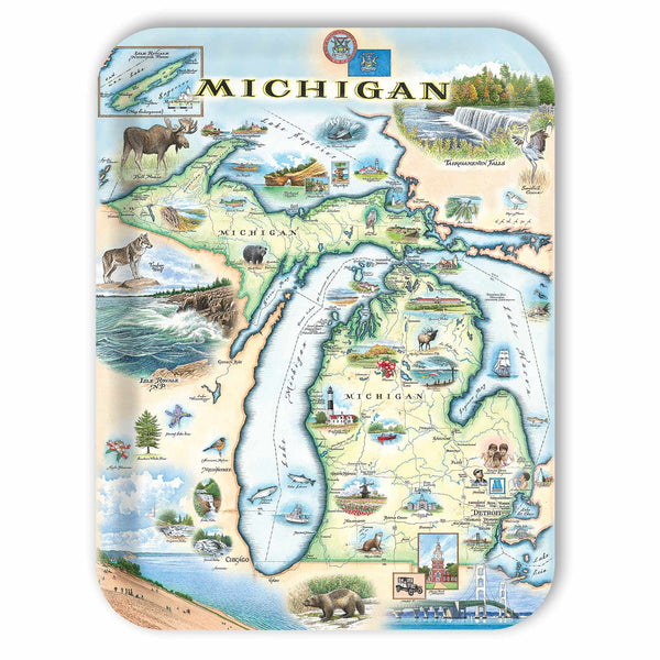 Large Rectangle Serving Tray  Map of Michigan with various attractions and landmarks on a white background