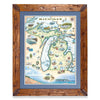 A framed vintage-style map of Michigan, featuring a rustic brown wooden frame, a blue mat, and a detailed illustrated map with lakes, wildlife, and landmarks.