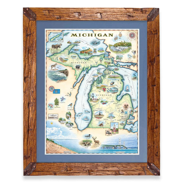 A framed vintage-style map of Michigan, featuring a rustic brown wooden frame, a blue mat, and a detailed illustrated map with lakes, wildlife, and landmarks.