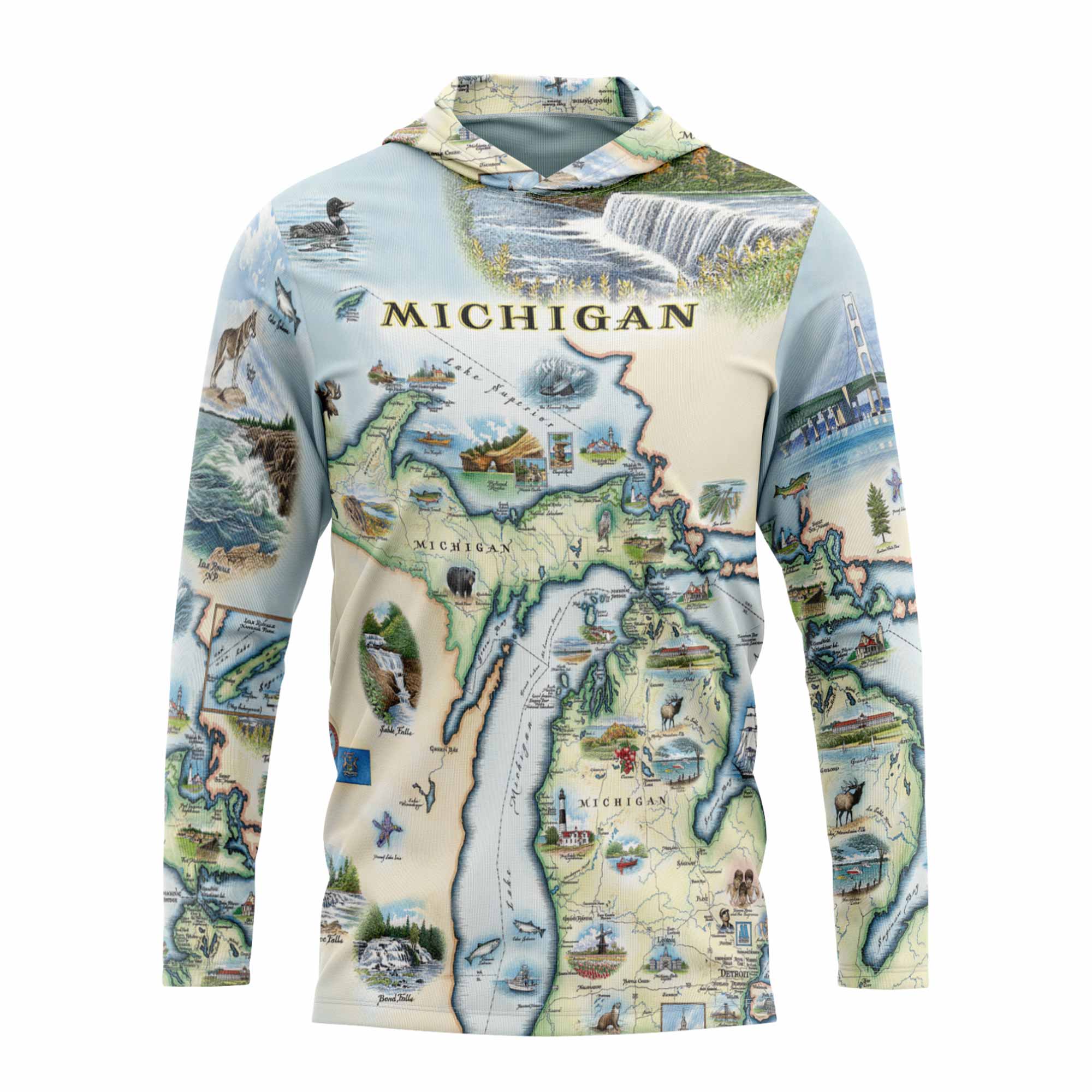 Front Sun Shirt Hoodie with a map of Michigan design on a white background