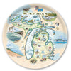 Large Round Serving Tray Map of Michigan with various landmarks and scenery on a decorative plate.