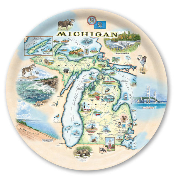 Large Round Serving Tray Map of Michigan with various landmarks and scenery on a decorative plate.