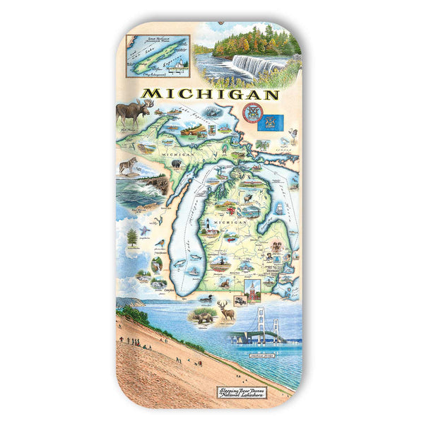 Small Serving Tray Map of Michigan with various attractions and landscapes on a white background