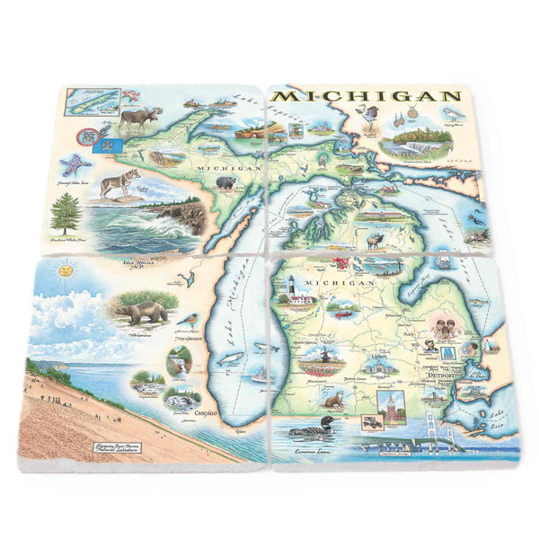 Michigan State Map Stone Coaster Set of 4. Showcasing the Great Lakes, Detroit, Ann Arbor, Grand Rapids, and Lansing. The design includes depictions of nature, wildlife such as ducks, deer, fish, moose, iconic lighthouses, the Michigan wolverines, and the majestic Mackinac Bridge