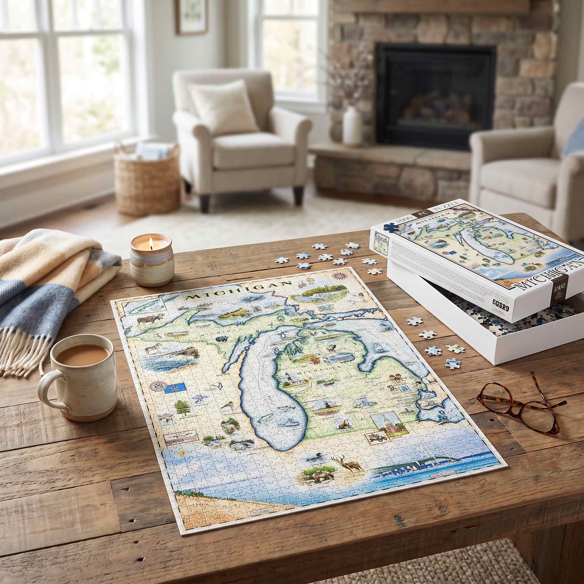 A completed jigsaw puzzle of the Michigan state map is displayed on a rustic wooden table, alongside its box, scattered puzzle pieces, a mug of coffee, and a candle. The scene is set in a cozy, sunlit living room with a fireplace and armchairs in the background.