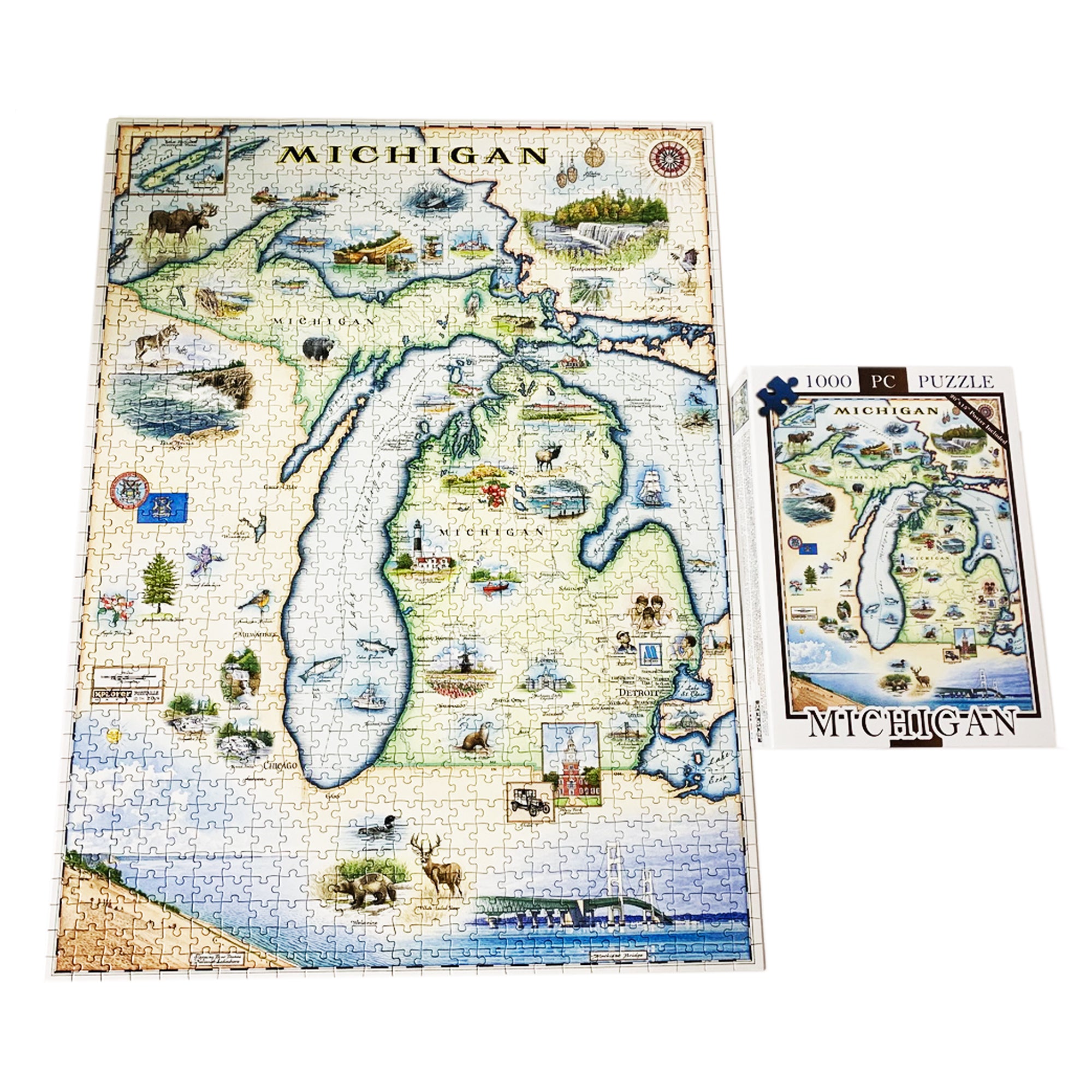 A completed jigsaw puzzle of Michigan showing a detailed illustrated map with state landmarks and animals, displayed next to its retail box on a white background.