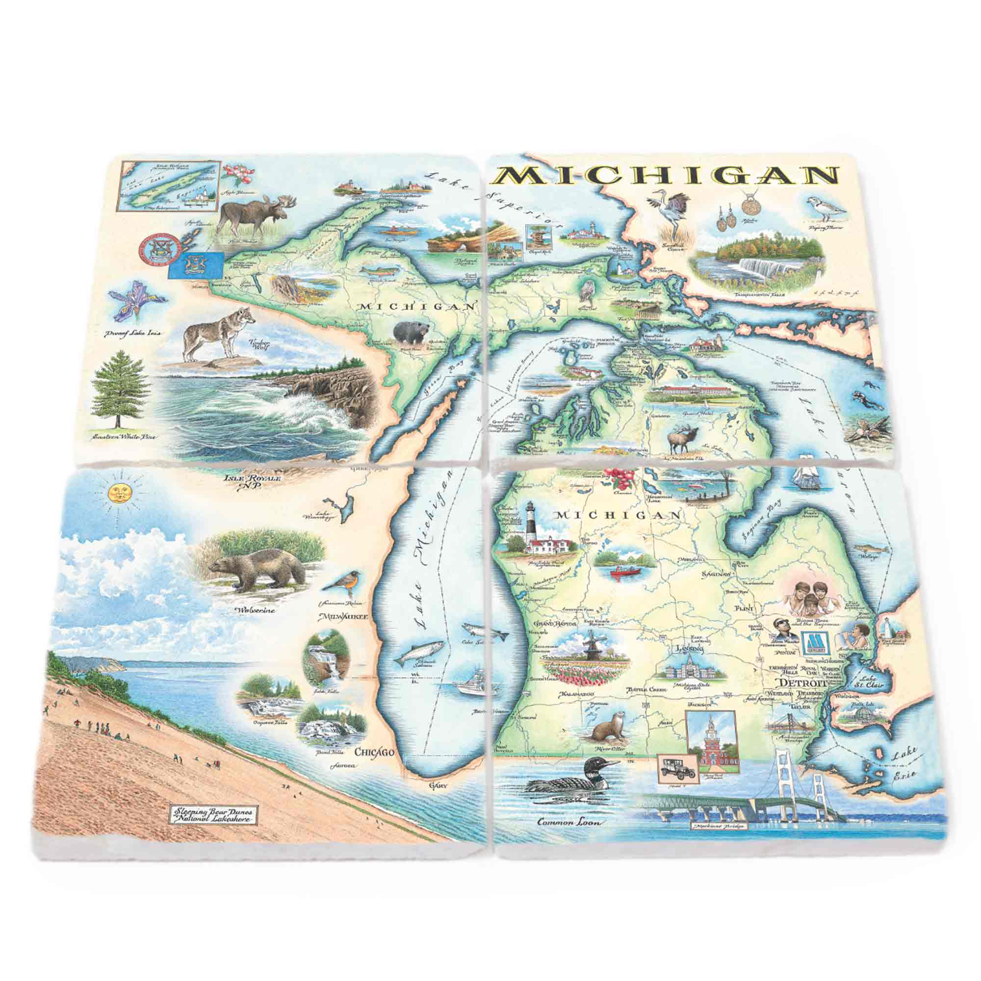 Michigan State Map Stone Coaster Set of 4. Showcasing the Great Lakes, Detroit, Ann Arbor, Grand Rapids, and Lansing. The design includes depictions of nature, wildlife such as ducks, deer, fish, moose, iconic lighthouses, the Michigan wolverines, and the majestic Mackinac Bridge