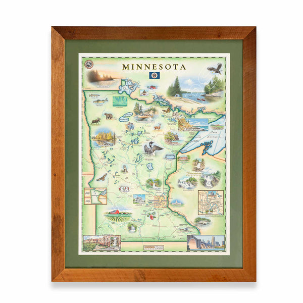 Minnesota State framed hand-drawn map. The print is framed in Montana's Flathead Lake Larch with a green mat. 