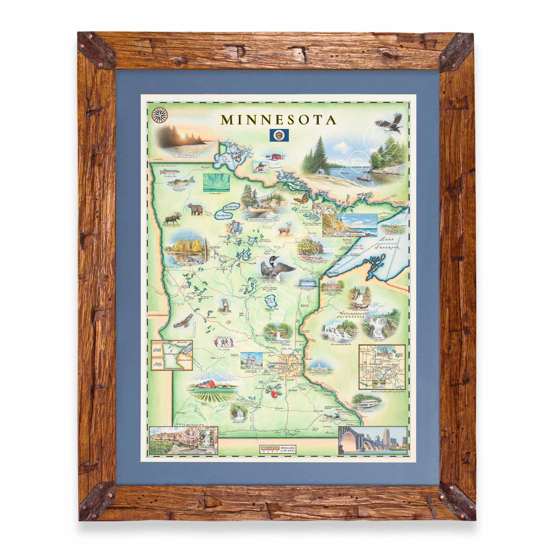 Minnesota State hand-drawn map in earth tones blues and greens. The map print is framed in Montana hand-scraped pine with a blue mat.