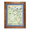 Minnesota State hand-drawn map in earth tones blues and greens. The map print is framed in Montana hand-scraped pine with a blue mat.