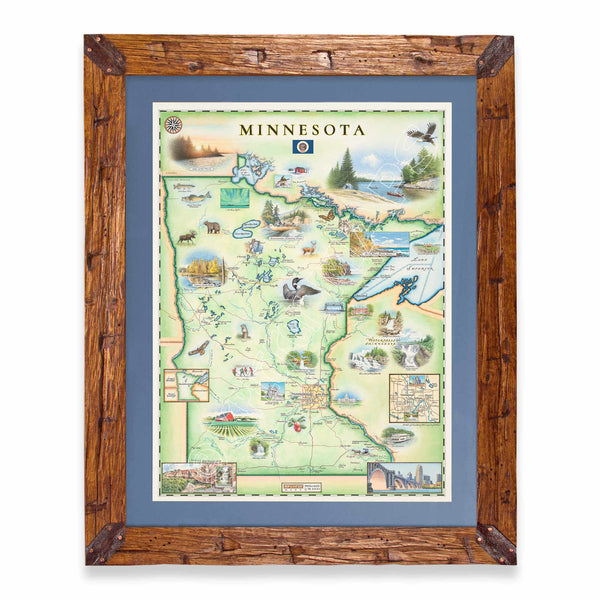 Minnesota State hand-drawn map in earth tones blues and greens. The map print is framed in Montana hand-scraped pine with a blue mat.