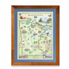 Minnesota State framed hand-drawn map. The print is framed in Montana's Flathead Lake Larch with a blue mat.  