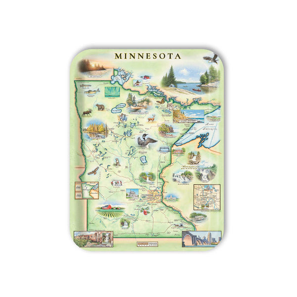 Medium Rectangle Serving Tray Map of Minnesota with various icons and scenic illustrations on a white background