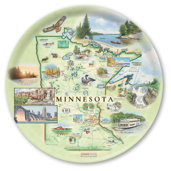 Large Round Serving Tray  with a map of Minnesota featuring various landmarks and scenery.