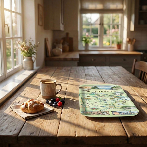 Wooden table with a cup of coffee, pastries, and a  Minnesota map serving tray in a bright kitchen.