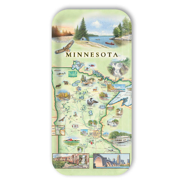Small Rectangle Serving Tray Map of Minnesota with scenic illustrations on a green background