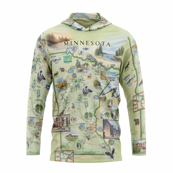 Hoodie with a map of Minnesota design on a white background