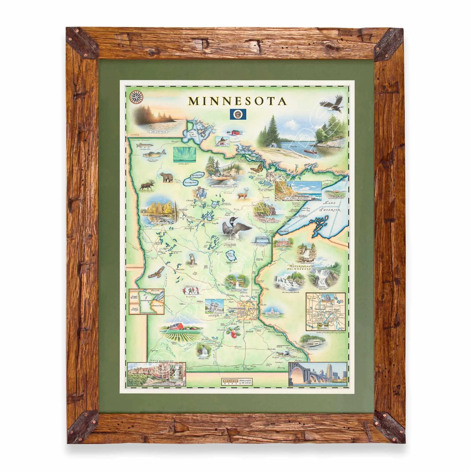 Map of Minnesota in a pine frame and green mat on a white background