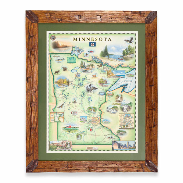 Minnesota State hand-drawn map in earth tones blues and greens. The map print is framed in Montana hand-scraped pine with a green mat.